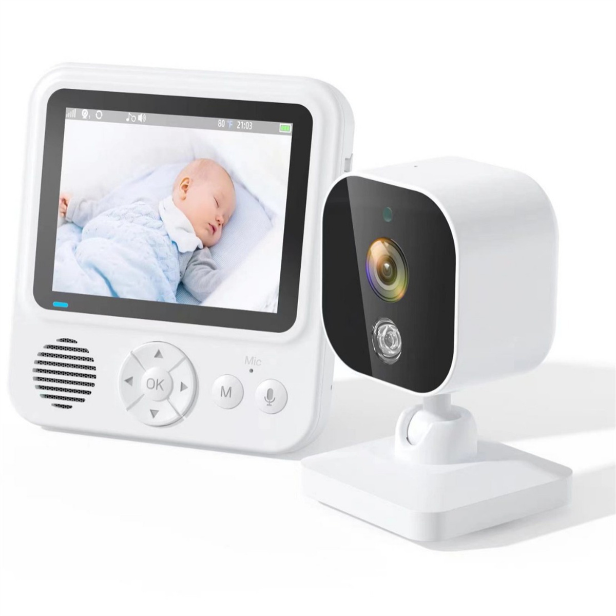 Babyphone mit Bildschirm, der ein schlafendes Baby zeigt, Kamera auf Ständer, weißer Hintergrund.