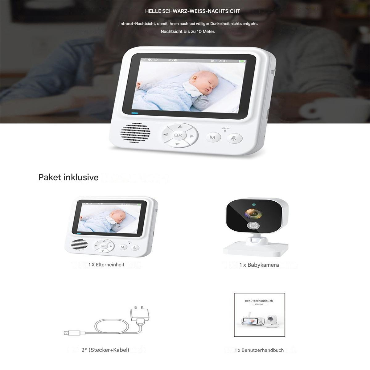 Weißer Babyphone-Monitor mit Baby-Anzeige, Zubehör: Kamera, Kabel und Handbuch.