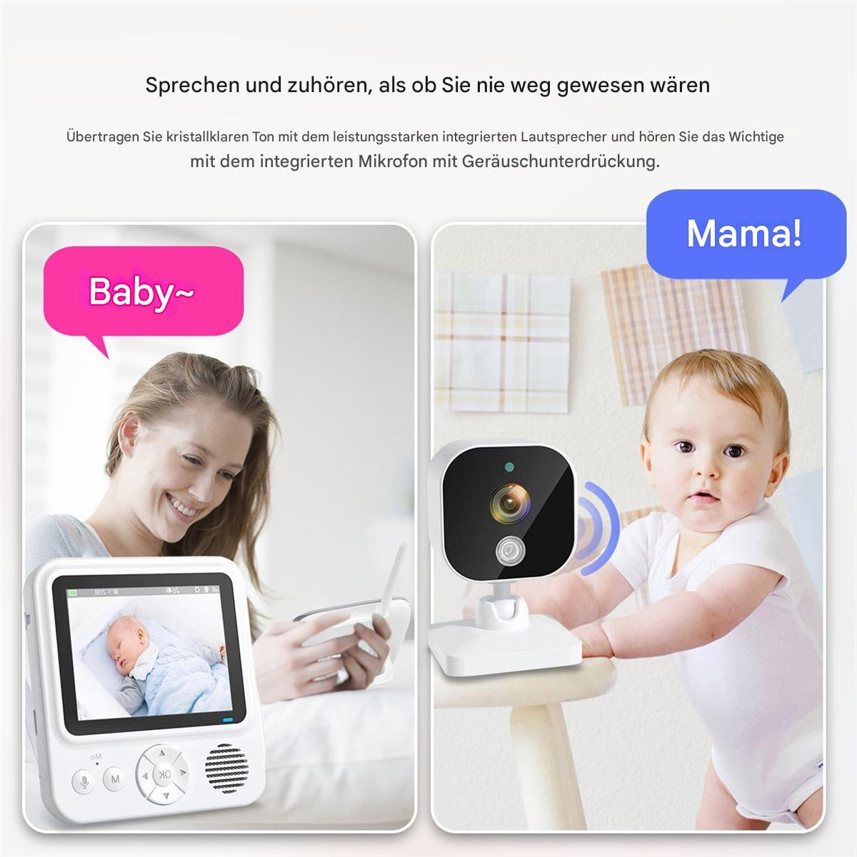 Ein Babyphone mit einem Baby und einer Frau, jeweils mit einer Sprechblase.