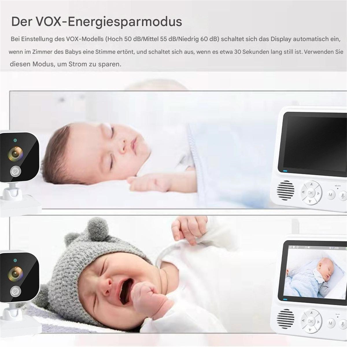 Babyphone, mit schlafendem und weinendem Baby. Text: VOX-Energiesparmodus.