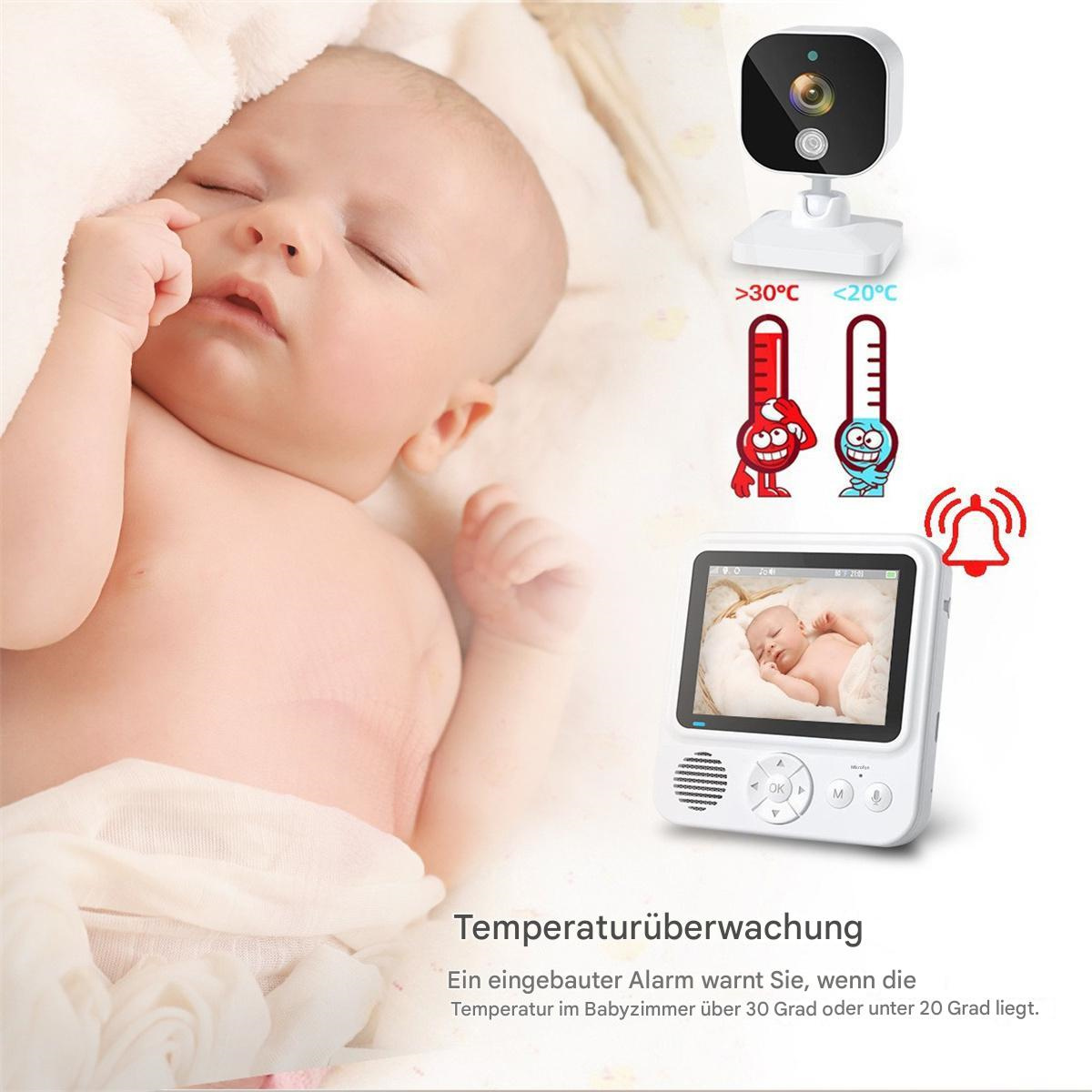 Baby schläft in einem Kinderbett neben einem Babyphone. Der Monitor zeigt ein Live-Feed.