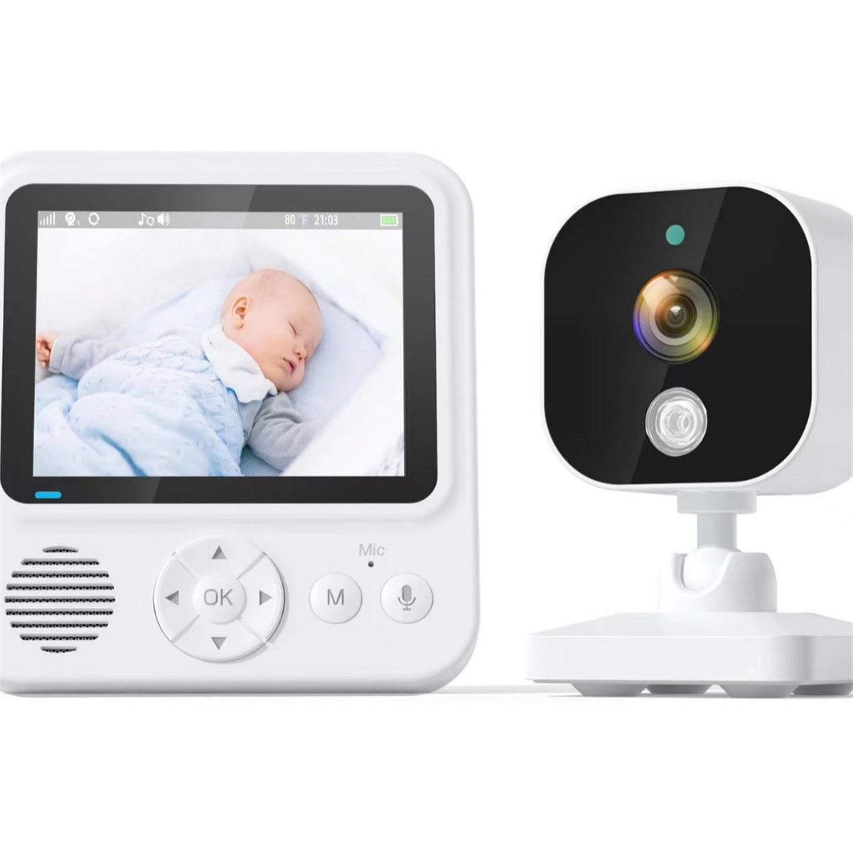 Babyphone mit Bildschirm, der ein schlafendes Baby zeigt. Die Kamera ist weiß.