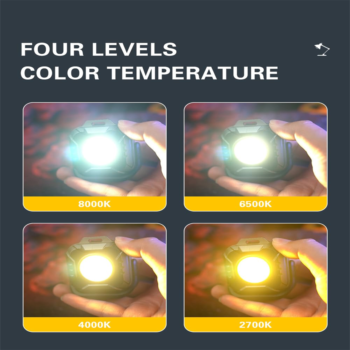Vier Quadrate, die Farbtemperaturen demonstrieren: 8000K, 6500K, 4000K und 2700K. Alles sind Lichter.