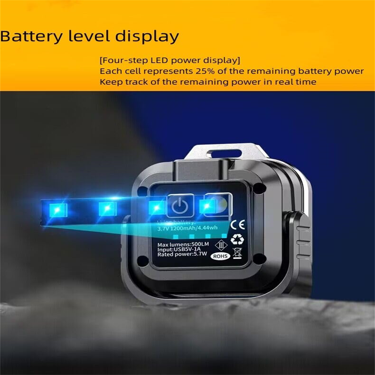 Ein schwarzes Gerät mit Leistungsanzeige, das die verbleibende Batterieleistung in vier Schritten anzeigt.