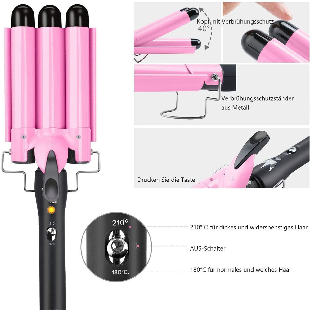 Ein pinkfarbener Lockenstab mit schwarzem Griff. Auf dem Bild befinden sich Textbeschriftungen.