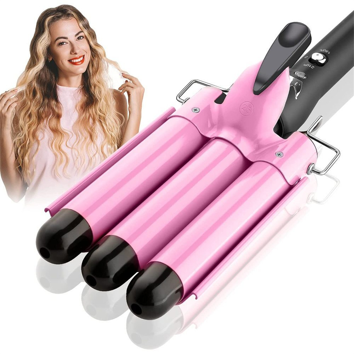 Ein pinkfarbener Haarwellenformer und eine Frau mit welligem, blondem Haar.