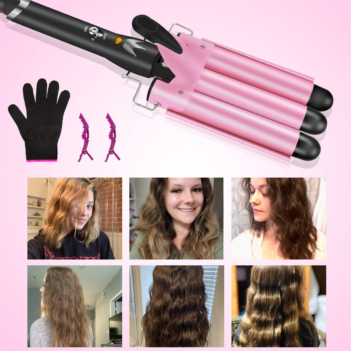 Ein rosa Haarwellengerät mit schwarzem Handschuh und Haarspangen. Mehrere Frauen mit welligem Haar werden gezeigt.
