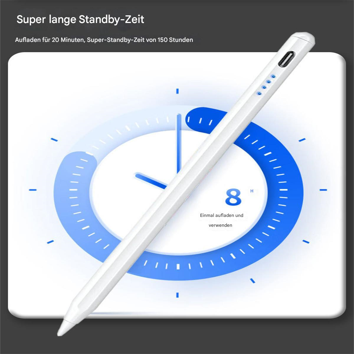 Weißer Stylus-Stift und eine Infografik im Uhr-Design im handgezeichneten Stil.