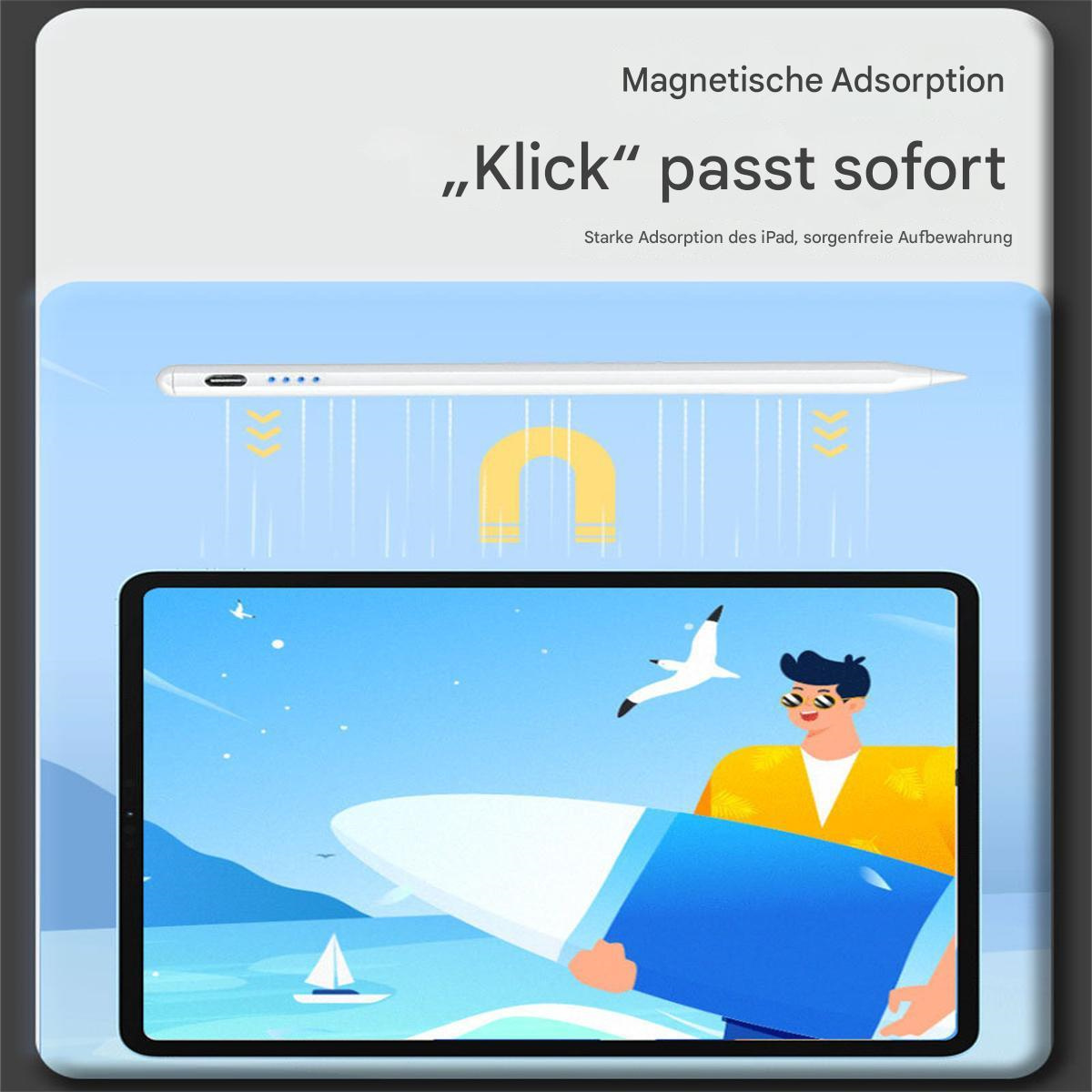 Ein Stift ist magnetisch an einem Tablet befestigt. Das Tablet zeigt eine Strandszene mit einem Mann und Möwen.