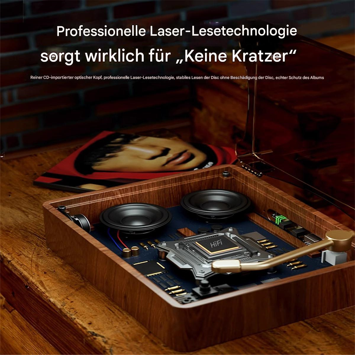 Ein hölzerner Plattenspieler mit Lautsprechern, der die inneren Komponenten und eine Schallplatte zeigt.