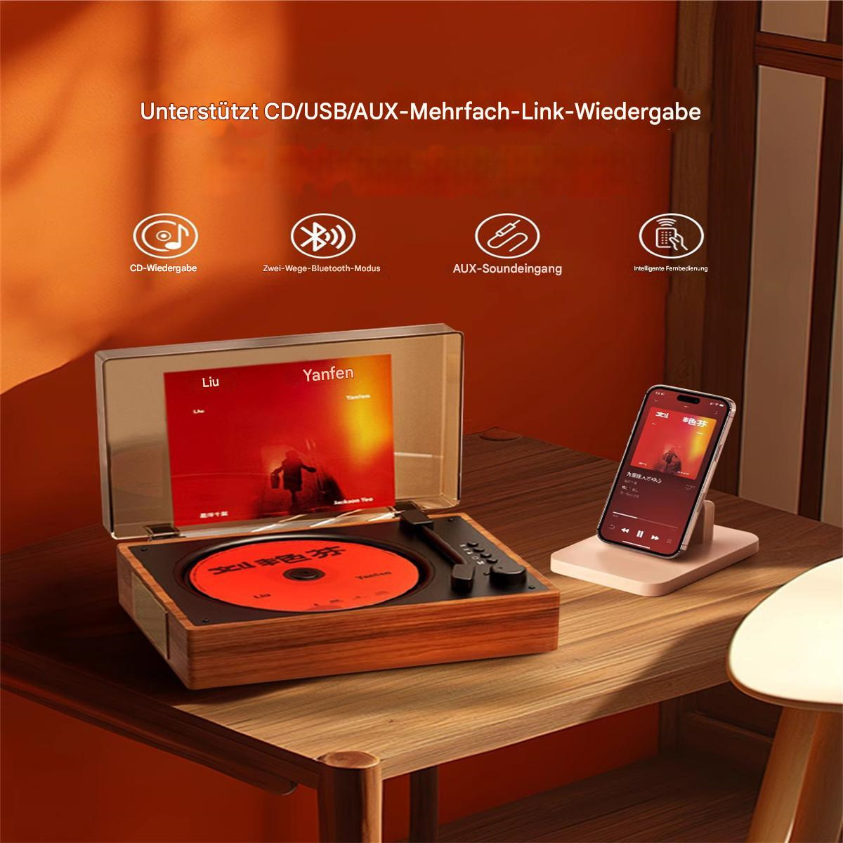 Ein Musikplayer im Retro-Stil aus Holz mit einem Telefon auf einem Ständer und mehreren Symbolen.