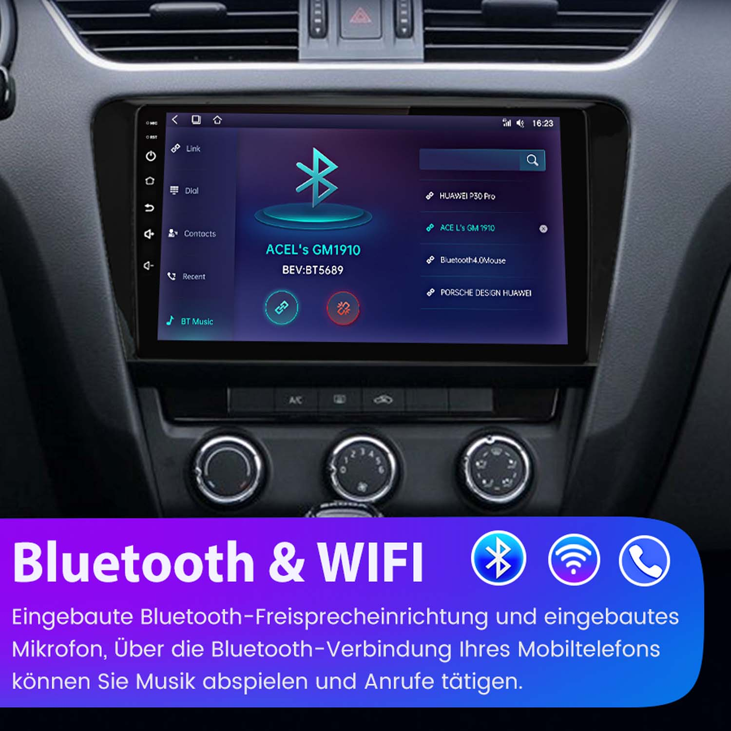 Deska rozdzielcza samochodu z ekranem wyświetlającym opcje Bluetooth i WiFi. Ekran pokazuje połączenia.