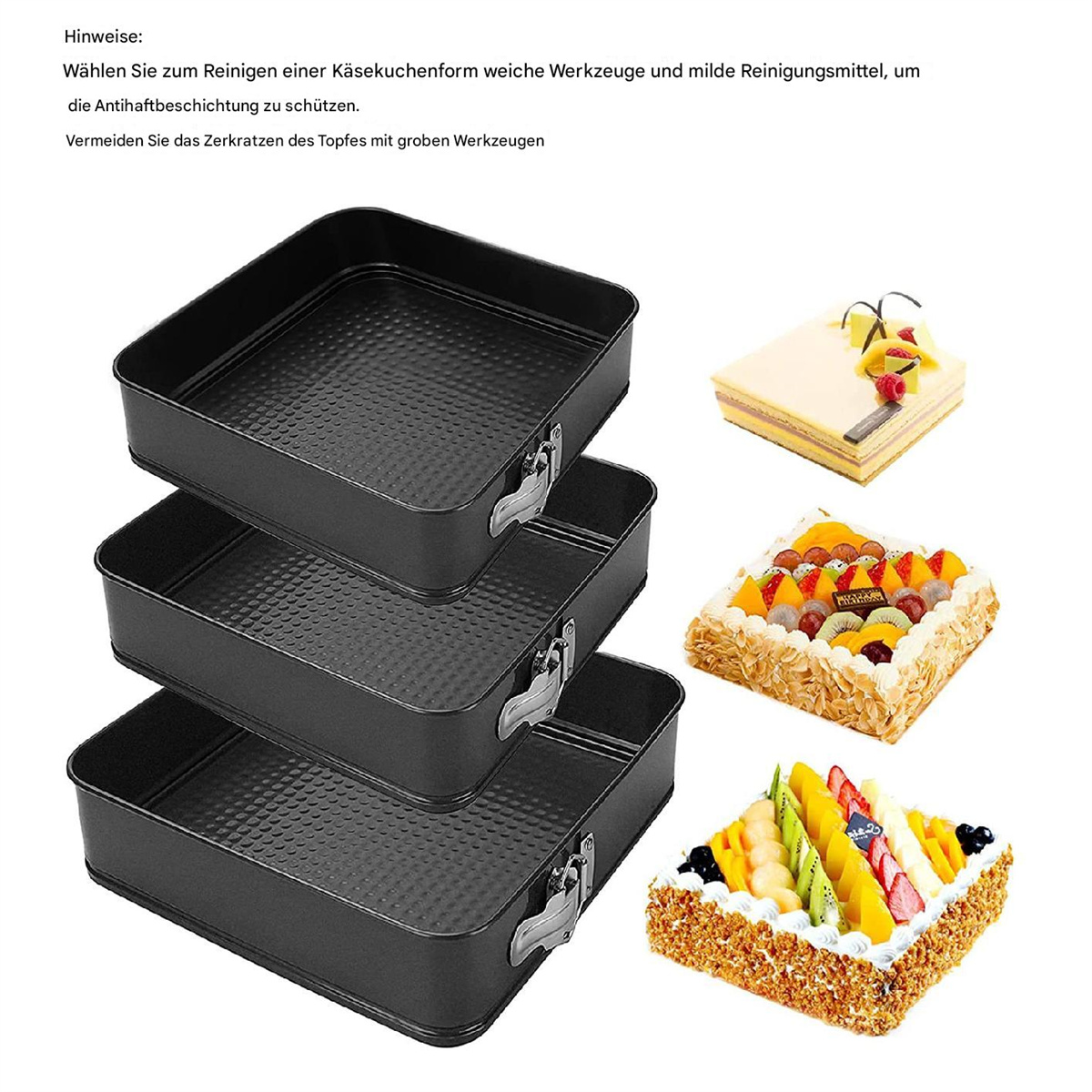 Drei schwarze quadratische Backformen mit Verschlüssen und drei mit Früchten dekorierte Kuchen.