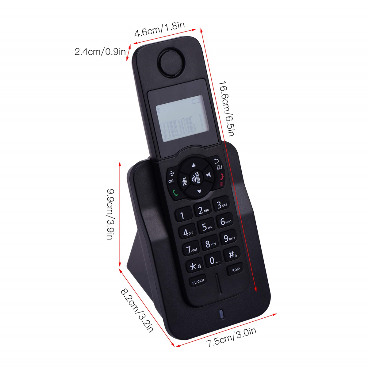 Schwarzes schnurloses Telefon auf seiner Basis, mit angezeigten Abmessungen.