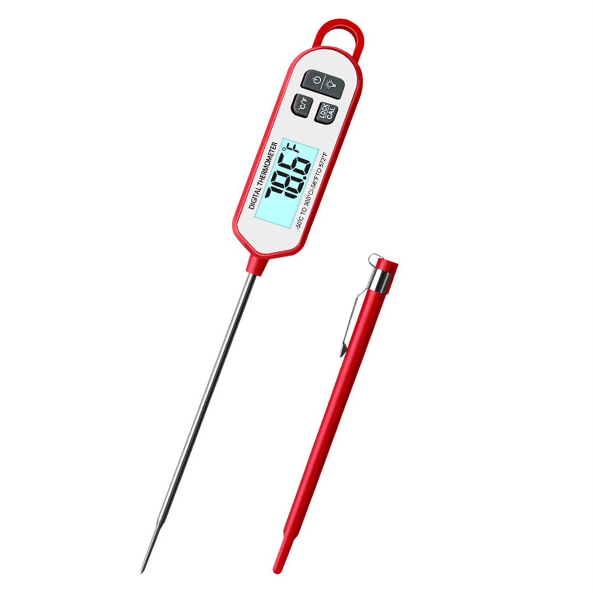 Ein rotes digitales Thermometer mit einem Stift auf weißem Hintergrund.