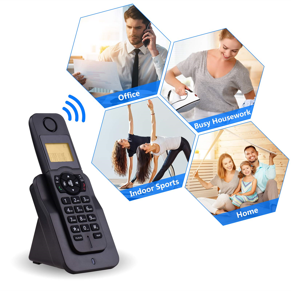Schnurloses Telefon mit Bildschirm auf einer Basis. Szenen von Büro, Hausarbeit, Yoga und Familie.