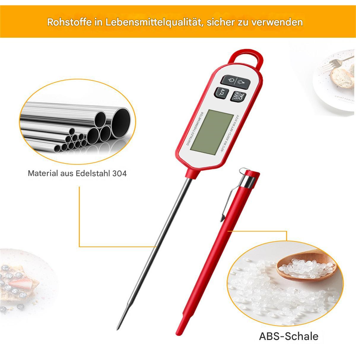 Ein digitales Lebensmitteltemperaturmessgerät und ein roter Stift liegen auf einem Tisch. Zutaten im Hintergrund. Textlabels enthalten.