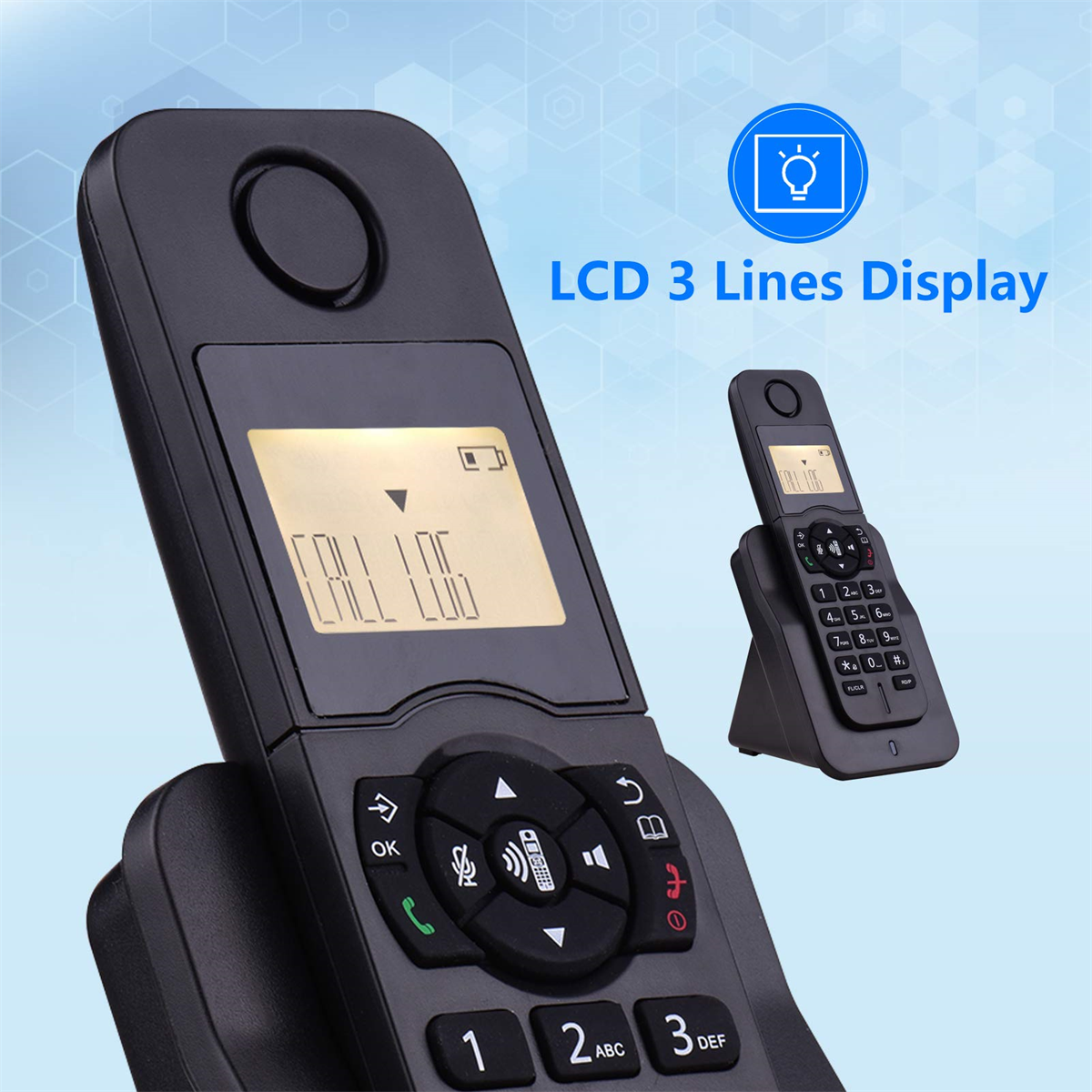 Ein schwarzes schnurloses Telefon mit Display. Die Basis zeigt ein weiteres Telefon. Text auf dem Bildschirm.