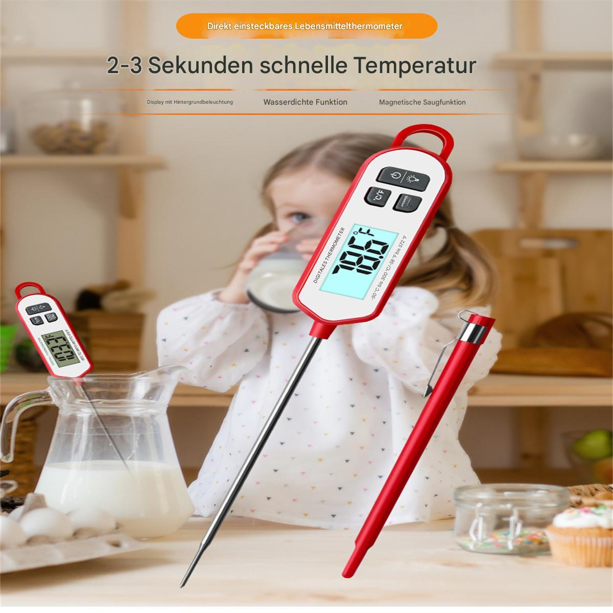 Ein Mädchen trinkt, mit Thermometern an den Seiten. Eines ist rot, das andere weiß. Milchkanne und Eier sind sichtbar.