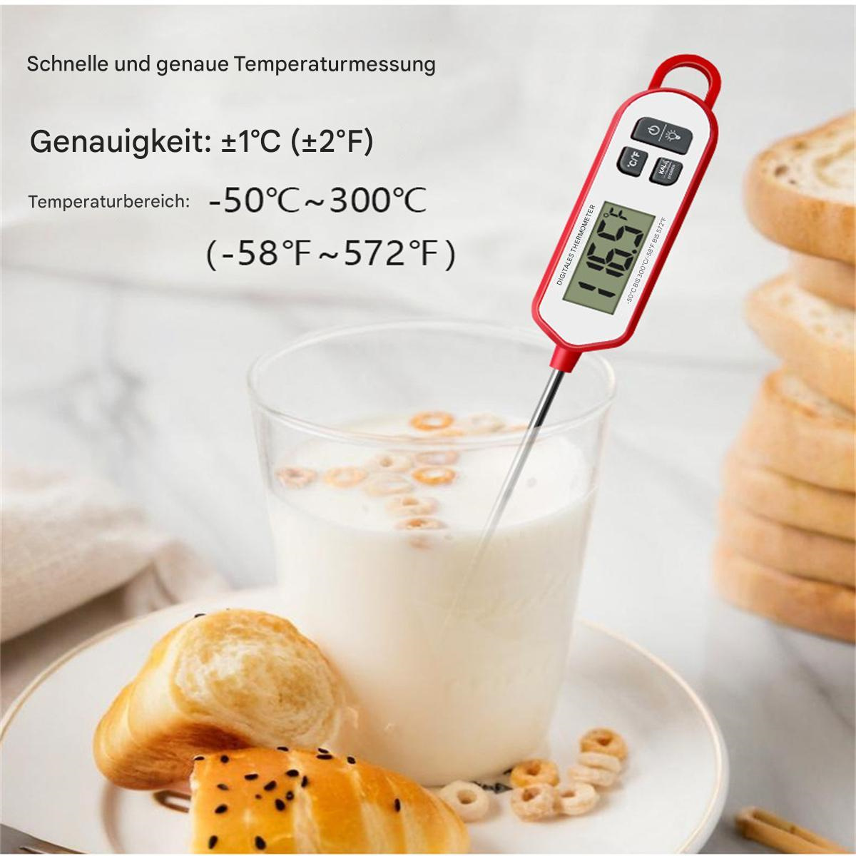 Digitales Lebensmittelt hermometer mit Milch, Brot und Müsli.