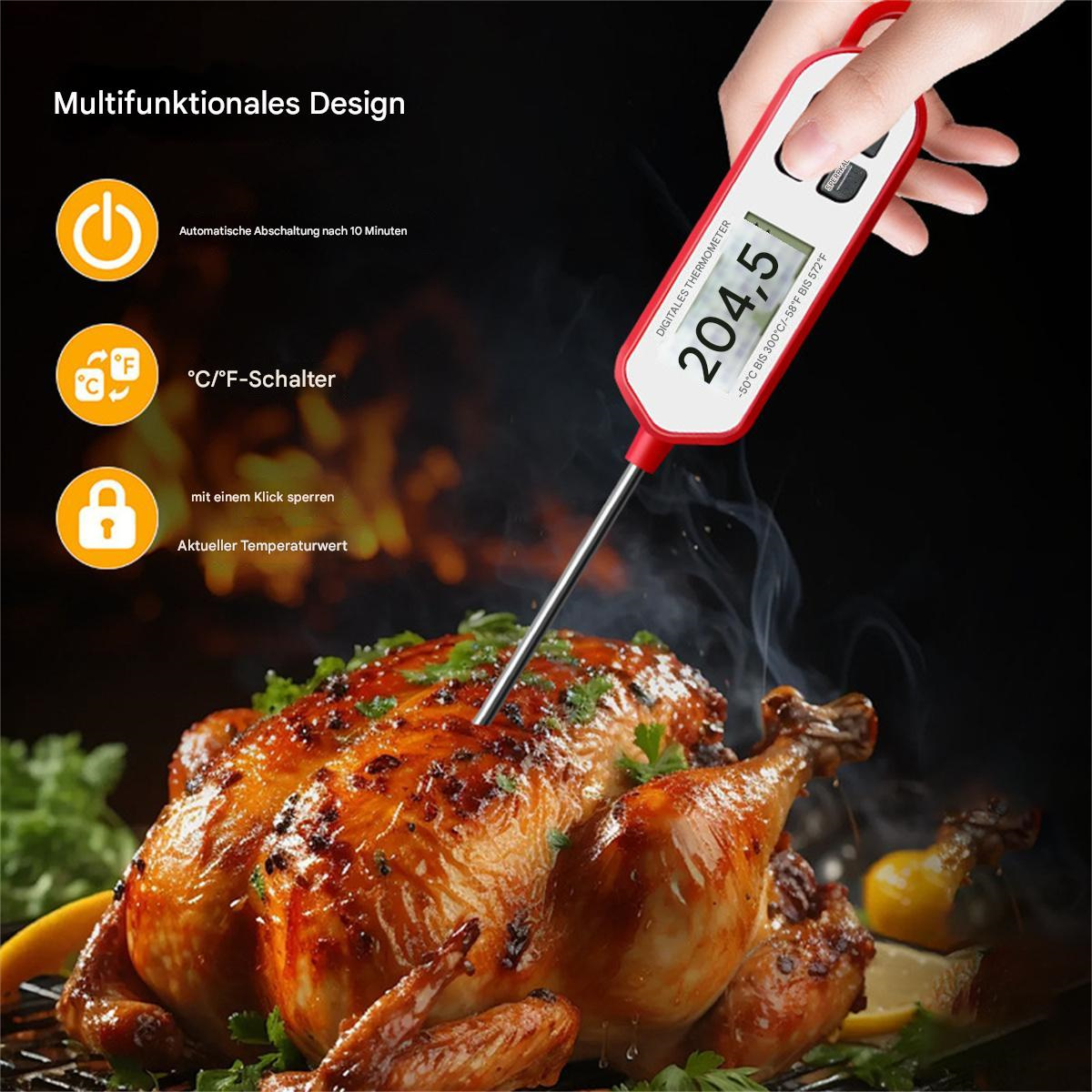 Thermometer in gekochtem Huhn. Text: Multifunktionales Design, Temperatur 204,5°F.