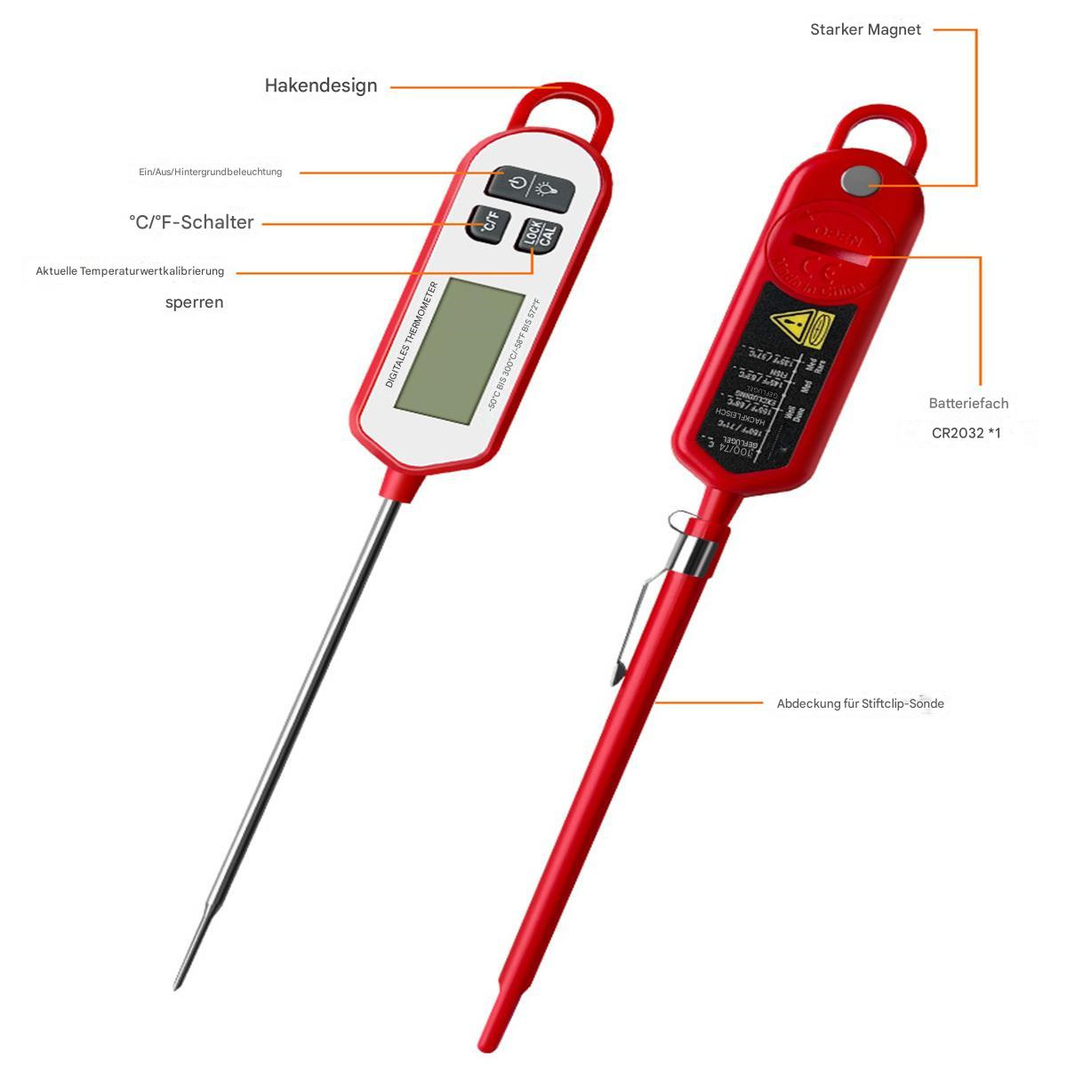 Digitales Lebensmitteltemperaturmessgerät. Ein rotes Thermometer, ein anderes mit rot-weißen Details.