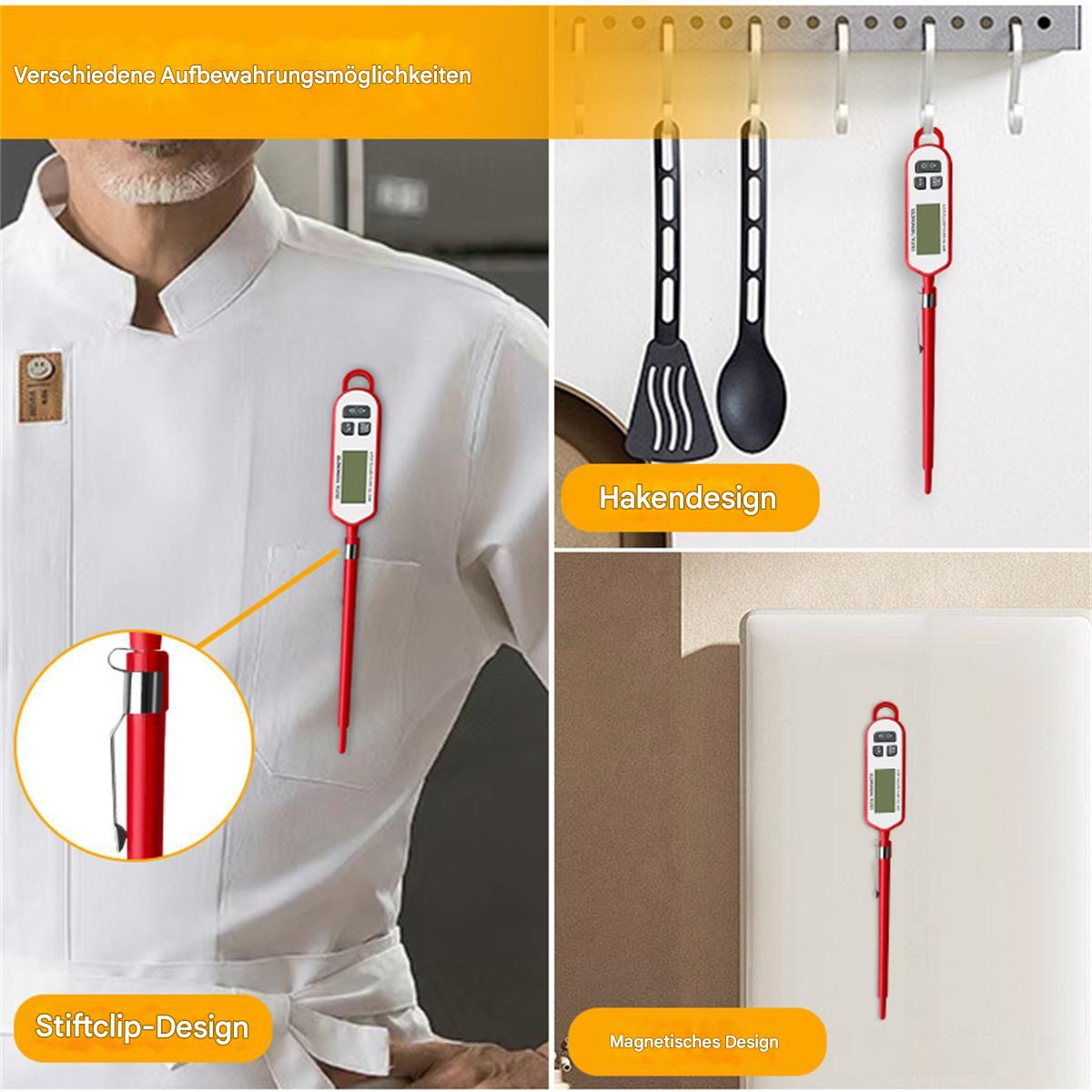 Ein Koch mit rotem Thermometer, der verschiedene Anwendungen zeigt: Clip-, Magnet- und Taschen-Designs.