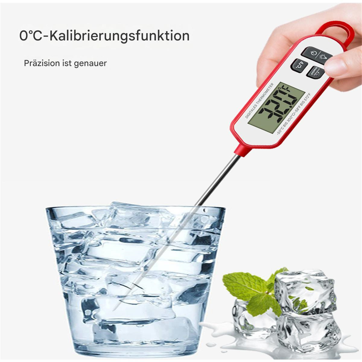 Ein digitales Thermometer in Wasser mit Eiswürfeln, zeigt 32,0, wird in der Hand gehalten.