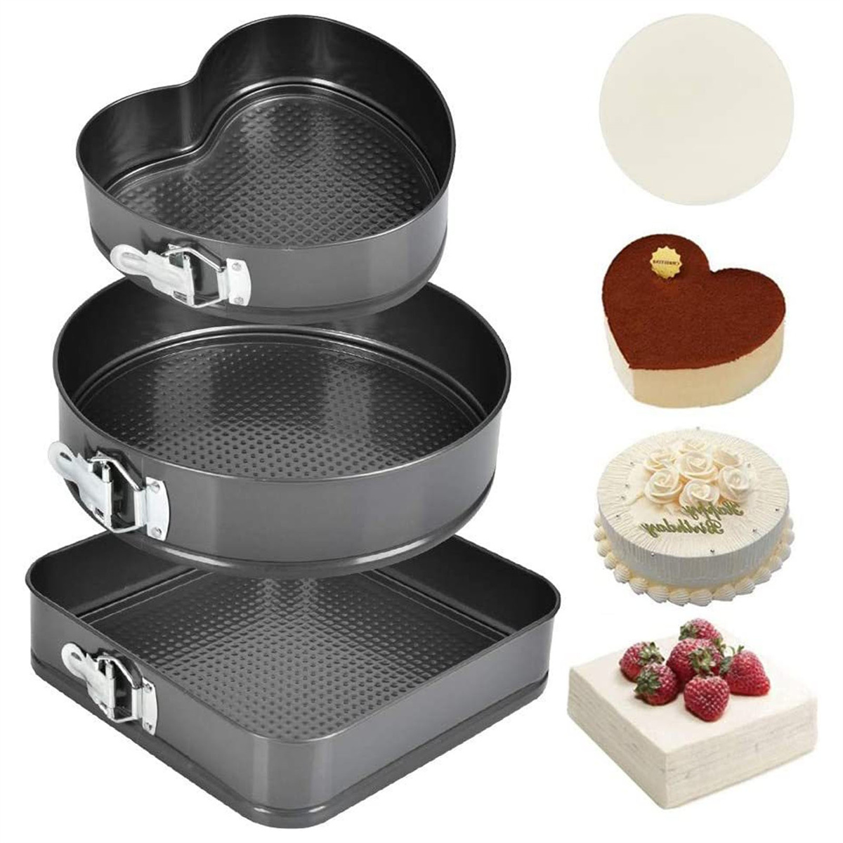 Set aus drei Backformen: Herz, rund und quadratisch. Kuchen und eine runde Tortenplatte werden gezeigt.