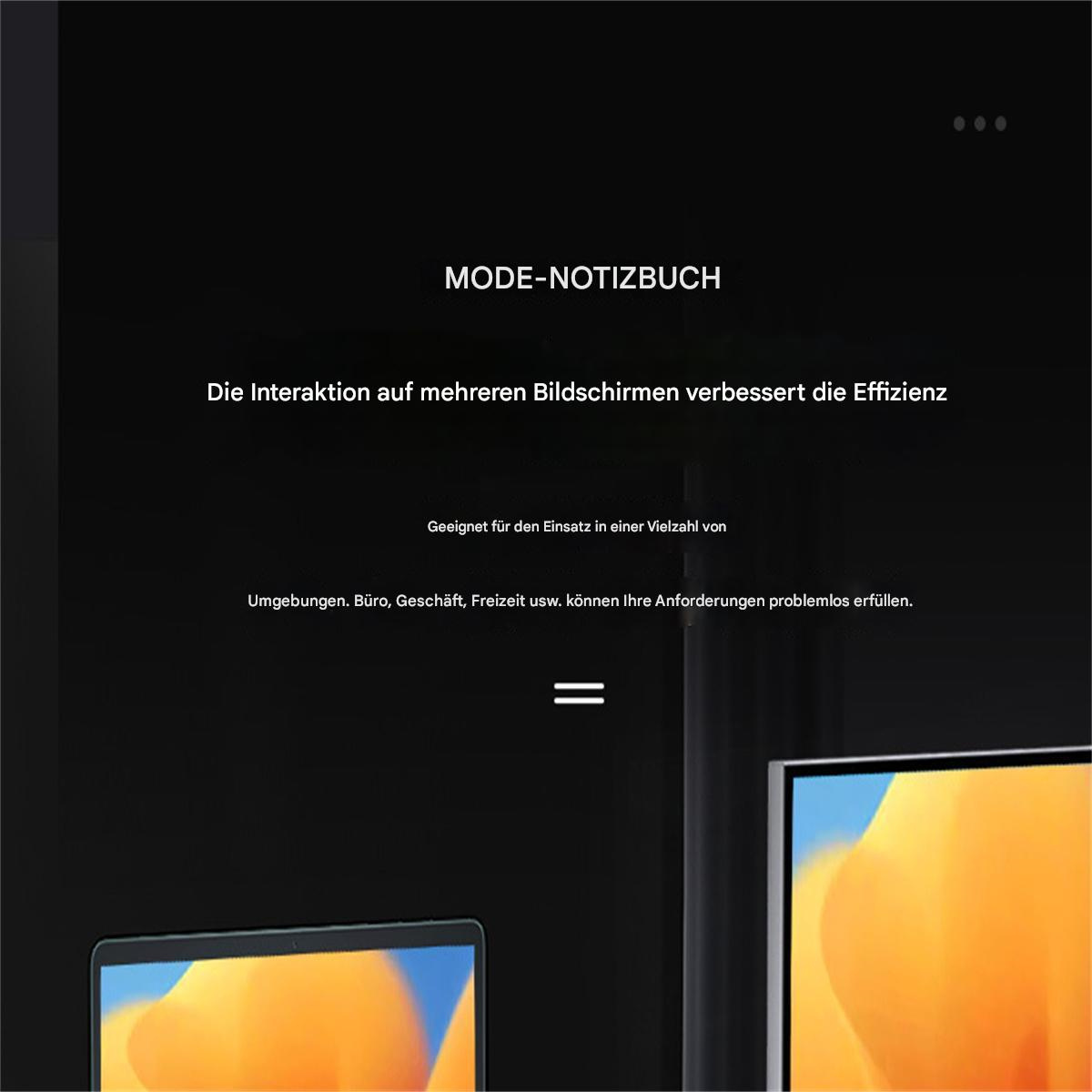 Ein dunkler Bildschirm, der deutschen Text über die Verbesserung der Effizienz auf mehreren Bildschirmen anzeigt. Zwei Monitore sind im Hintergrund.