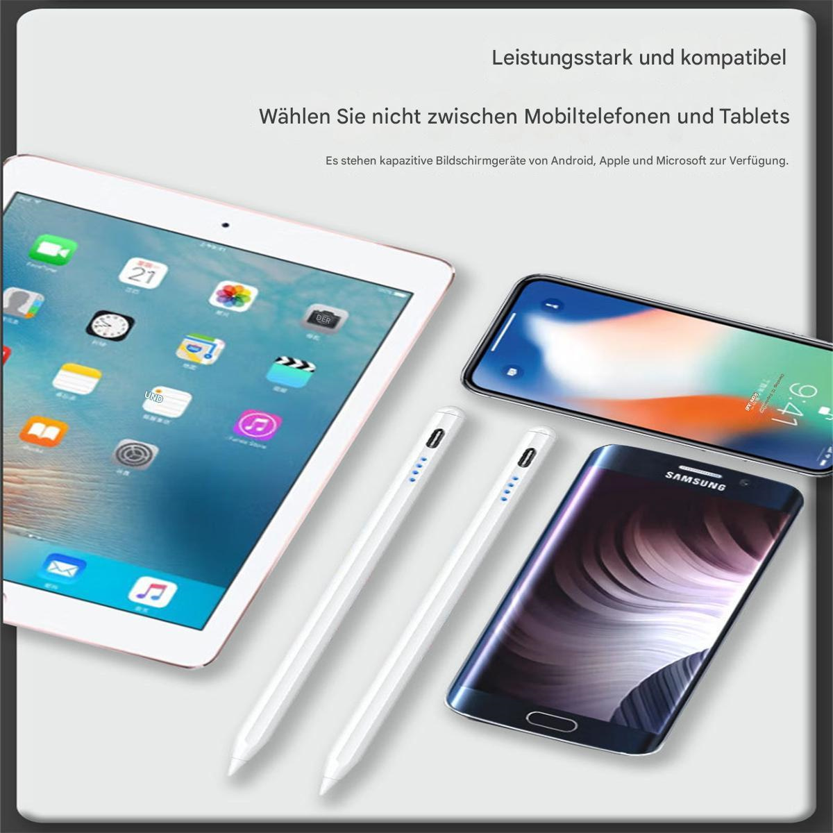Das Bild zeigt ein Tablet, zwei Stifte und zwei Smartphones, wobei die Kompatibilität mit Android, Apple und Microsoft hervorgehoben wird.