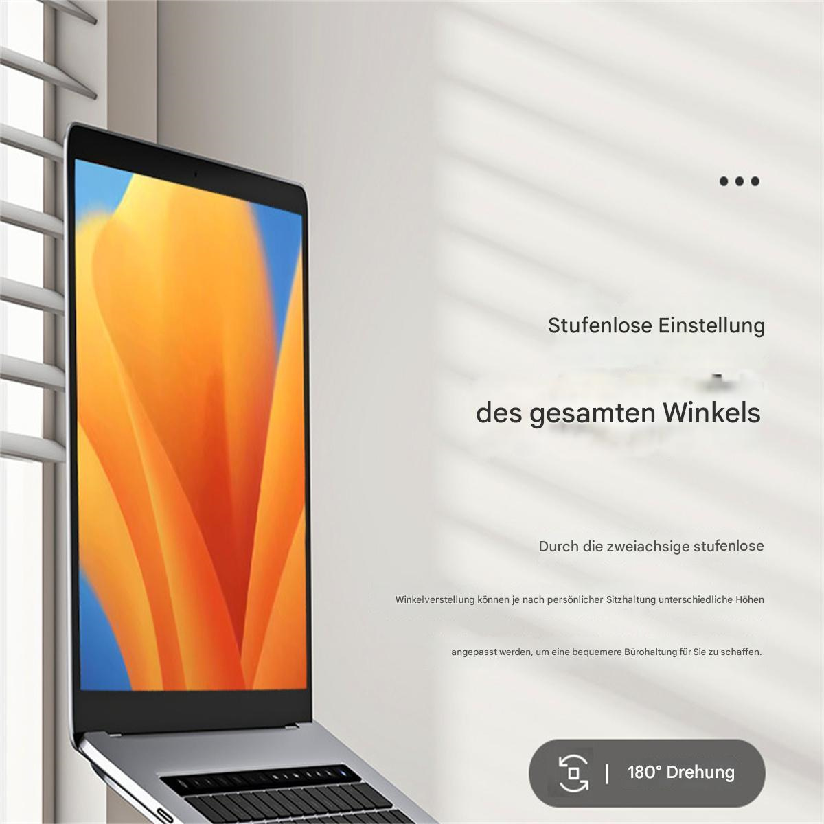Ein Laptop mit einem orangefarbenen Design auf dem Bildschirm zeigt Winkeleinstellungen.