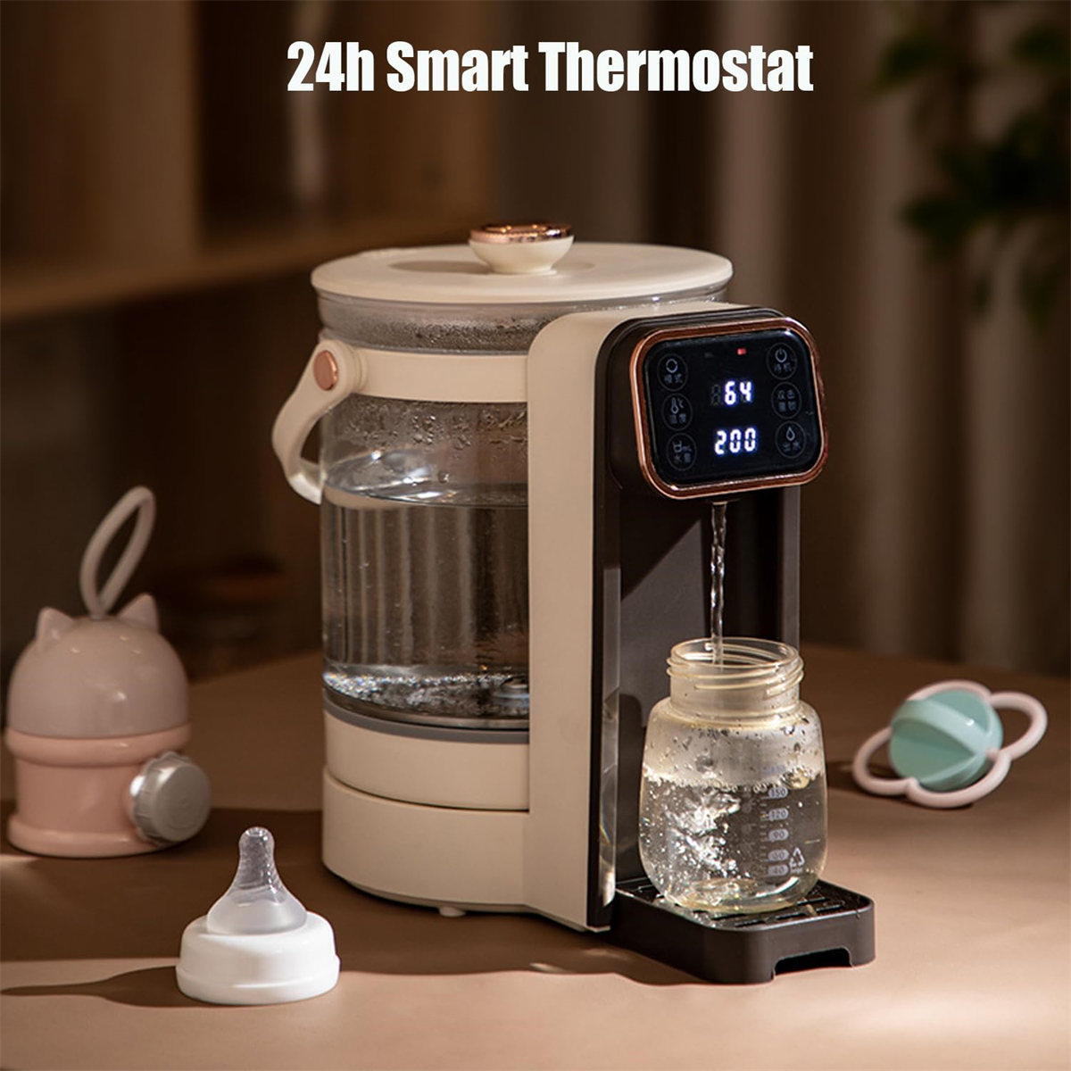 Smart Thermostat mit Wasserspender. Text ist '24h Smart Thermostat'.