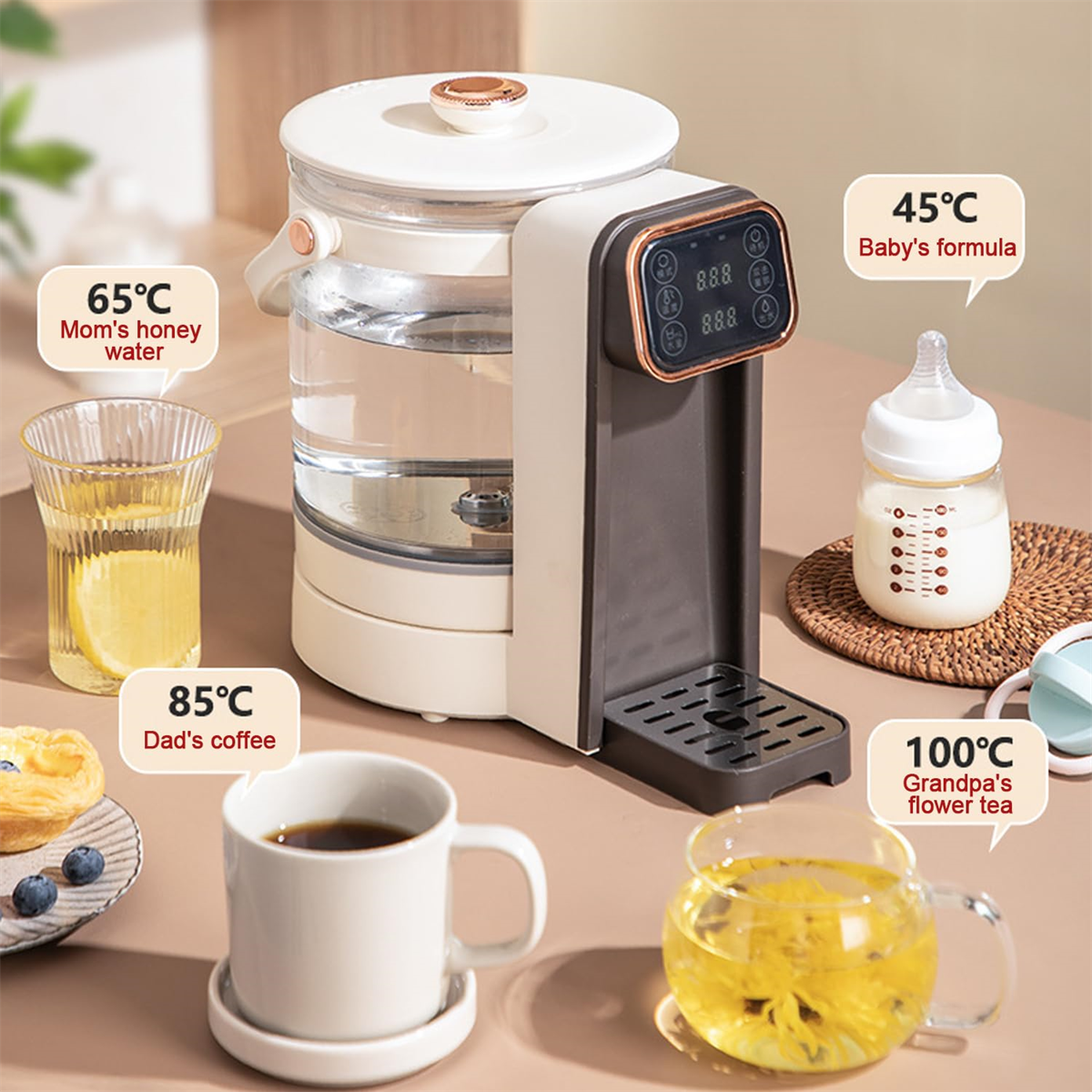 Ein Wasserkocher mit verschiedenen Getränken. Zeigt Temperaturen für Honigwasser, Kaffee usw.