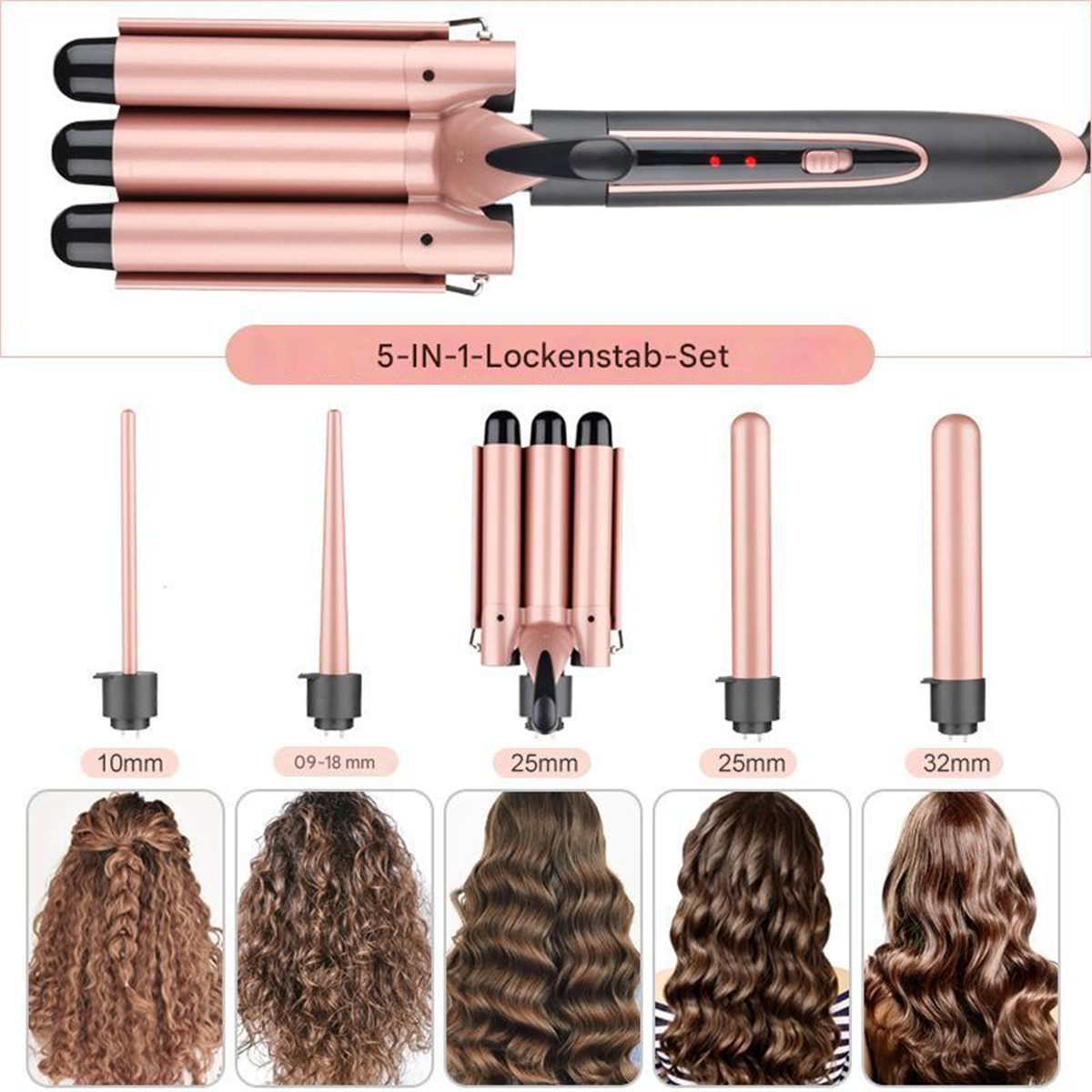 Ein Lockenstab-Set mit verschiedenen Aufsätzen und Beispielen für verschiedene Frisuren.