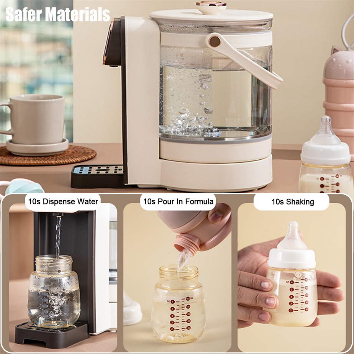 Babyflaschenbereiter mit Wasserspender. Drei Bilder zeigen Wasser, Formel und Schütteln.