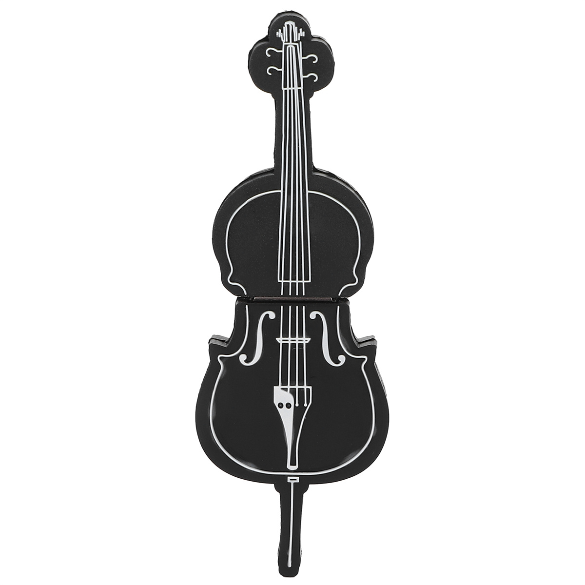 Ein schwarzer Cello-förmiger USB-Stick mit weißen Details, isoliert auf weißem Hintergrund.