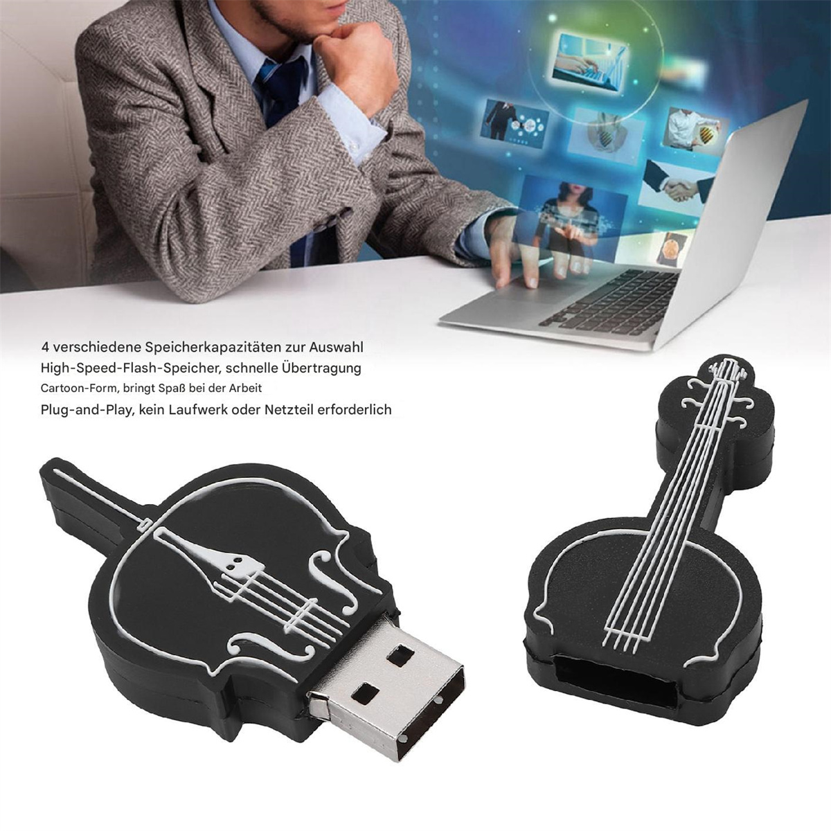 Schwarzer geigenförmiger USB-Stick mit Text und Laptop im Hintergrund.
