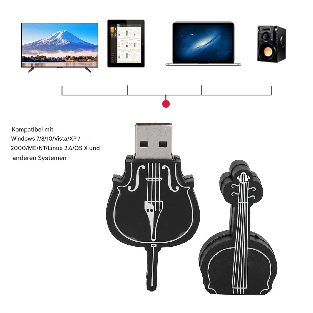 Zwei schwarze USB-Laufwerke in Form eines Cellos.