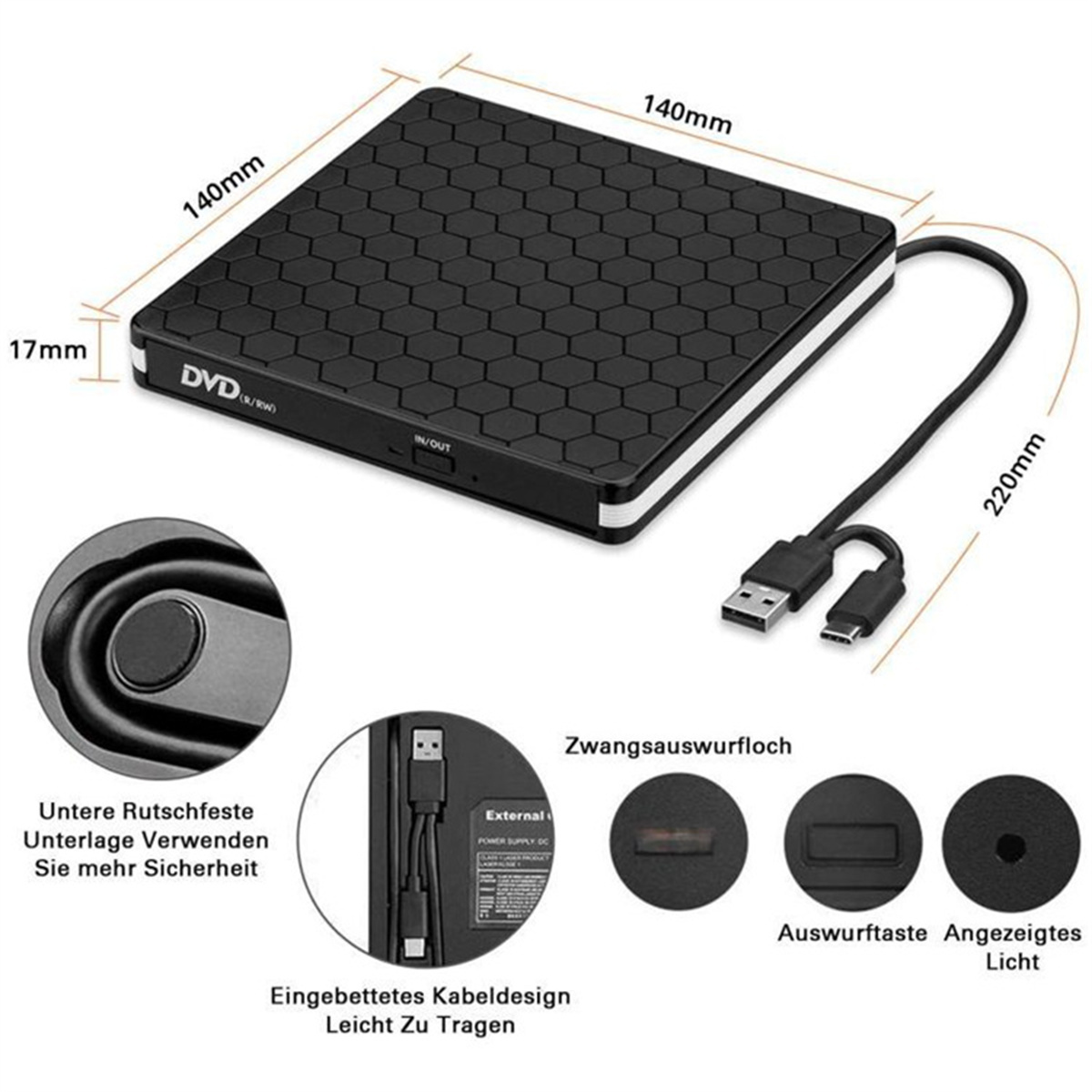Schwarzes externes DVD-Laufwerk mit Abmessungen und Beschriftungen, sowie USB-Kabeln.