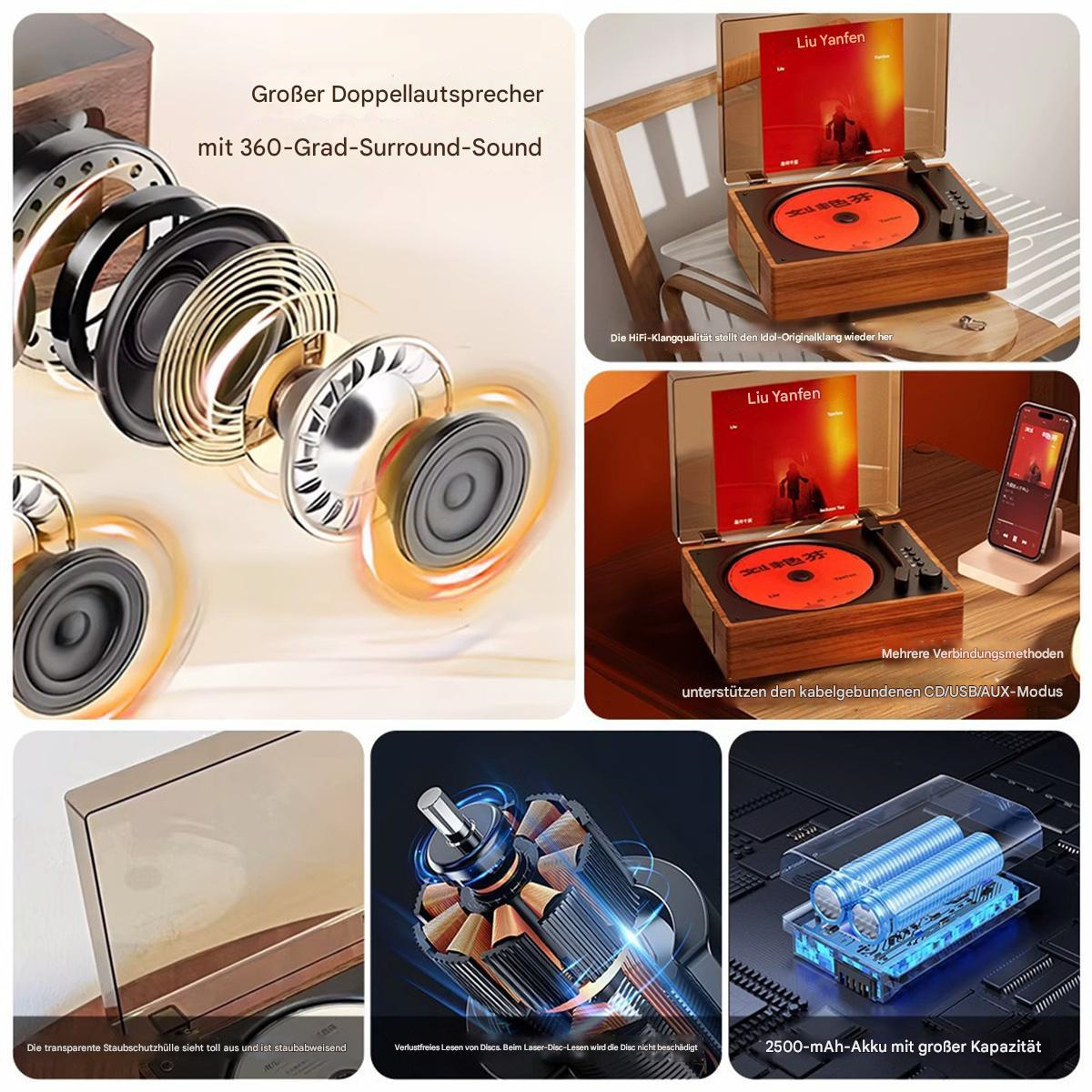 Mehrere Bilder, die einen Vintage-Plattenspieler aus Holz und seine Komponenten zeigen.