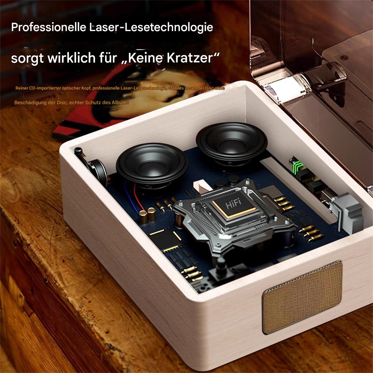 CD-Player aus Holz mit zwei Lautsprechern und einer Platine im geöffneten Gehäuse sichtbar.