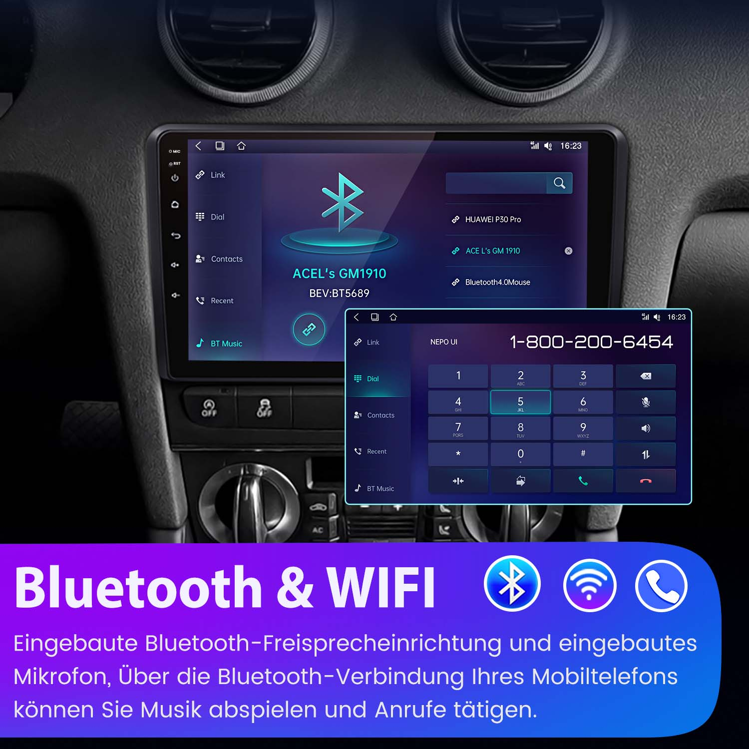 Panel del coche con pantalla Bluetooth y WiFi. Muestra una interfaz de marcación telefónica y una lista de contactos. Fondo negro.