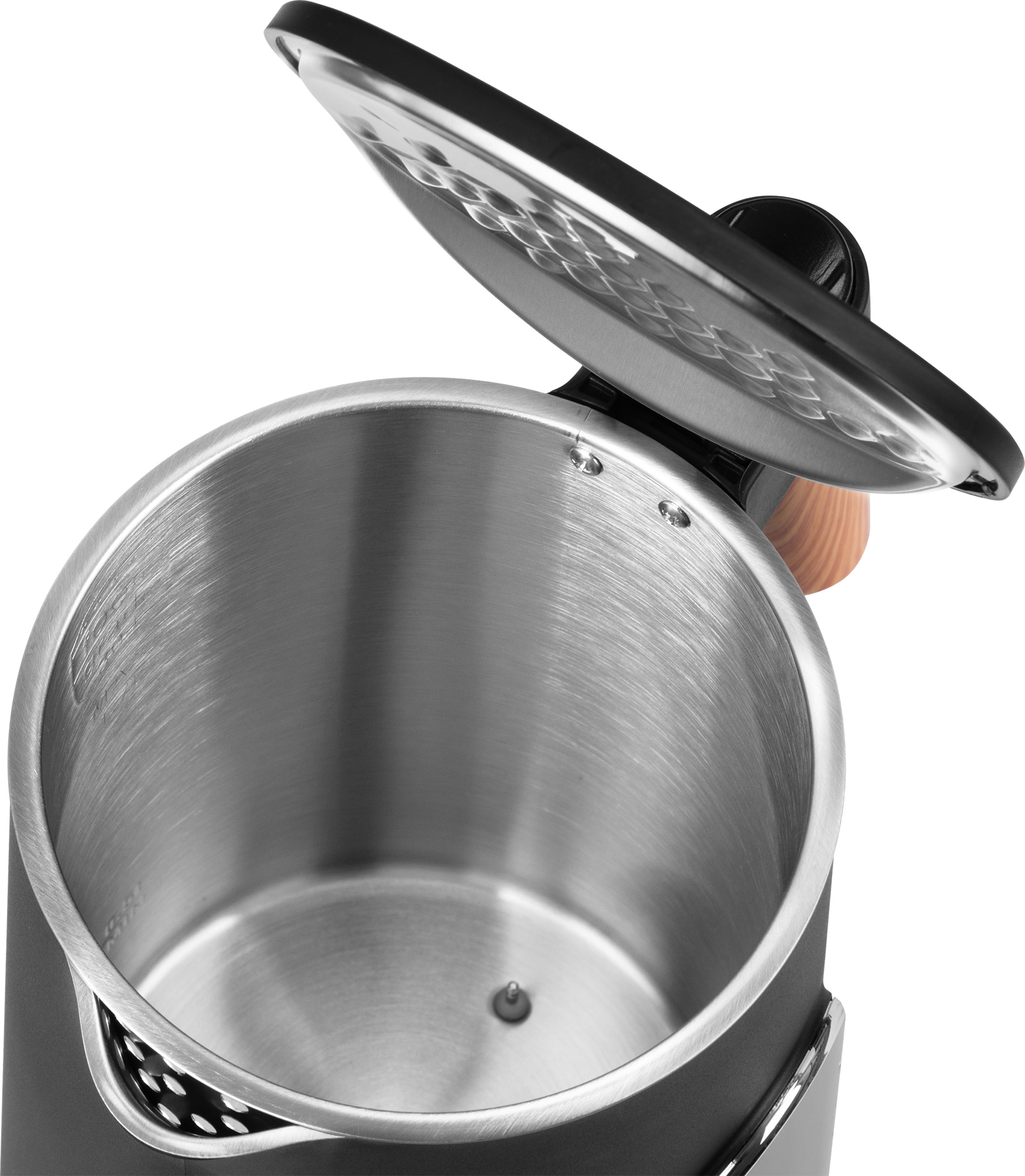 Otwarty czajnik elektryczny, wnętrze ze stali nierdzewnej z czarnym wykończeniem i drewnianym uchwytem.