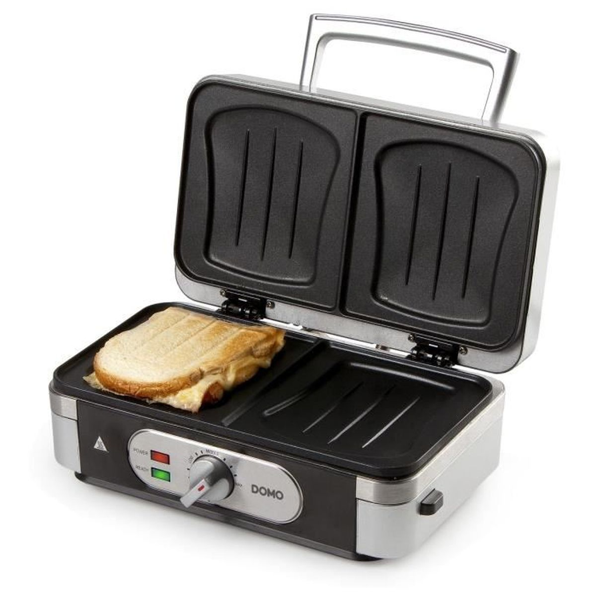 Offener Sandwichmaker mit einem getoasteten Sandwich, servierfertig, und einem schwarz-silbernen Design.