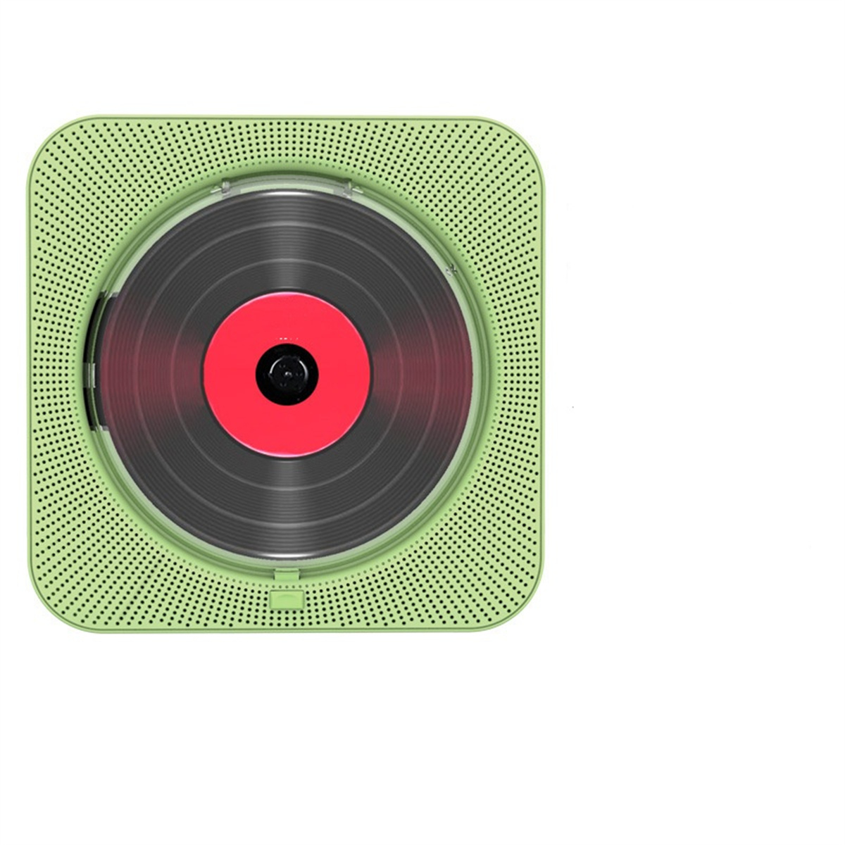 Grüner CD-Player mit roter Disc im Inneren. Mit perforiertem Design.