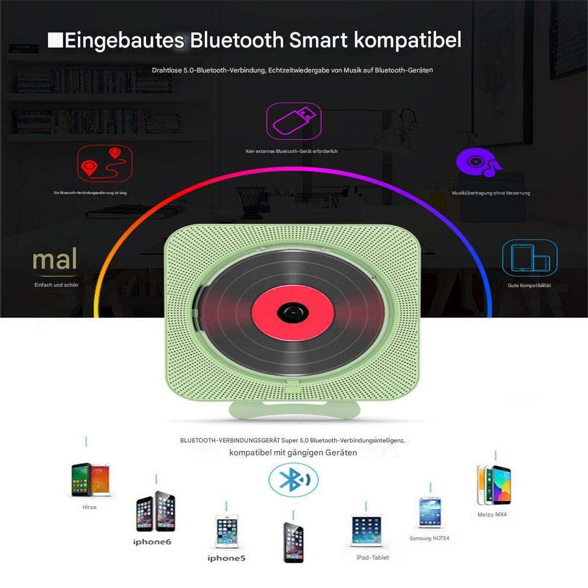 Ein grüner Musikplayer mit roter Disc, umgeben von Symbolen und kompatiblen Geräten.