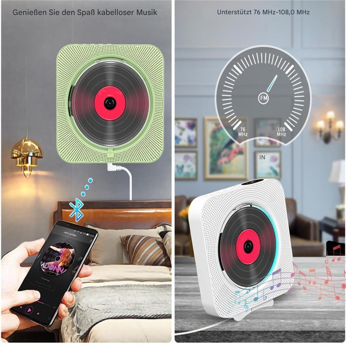 Zwei Bilder. Links: tragbarer CD-Player mit Smartphone. Rechts: Tragbarer CD-Player mit UKW-Radio.