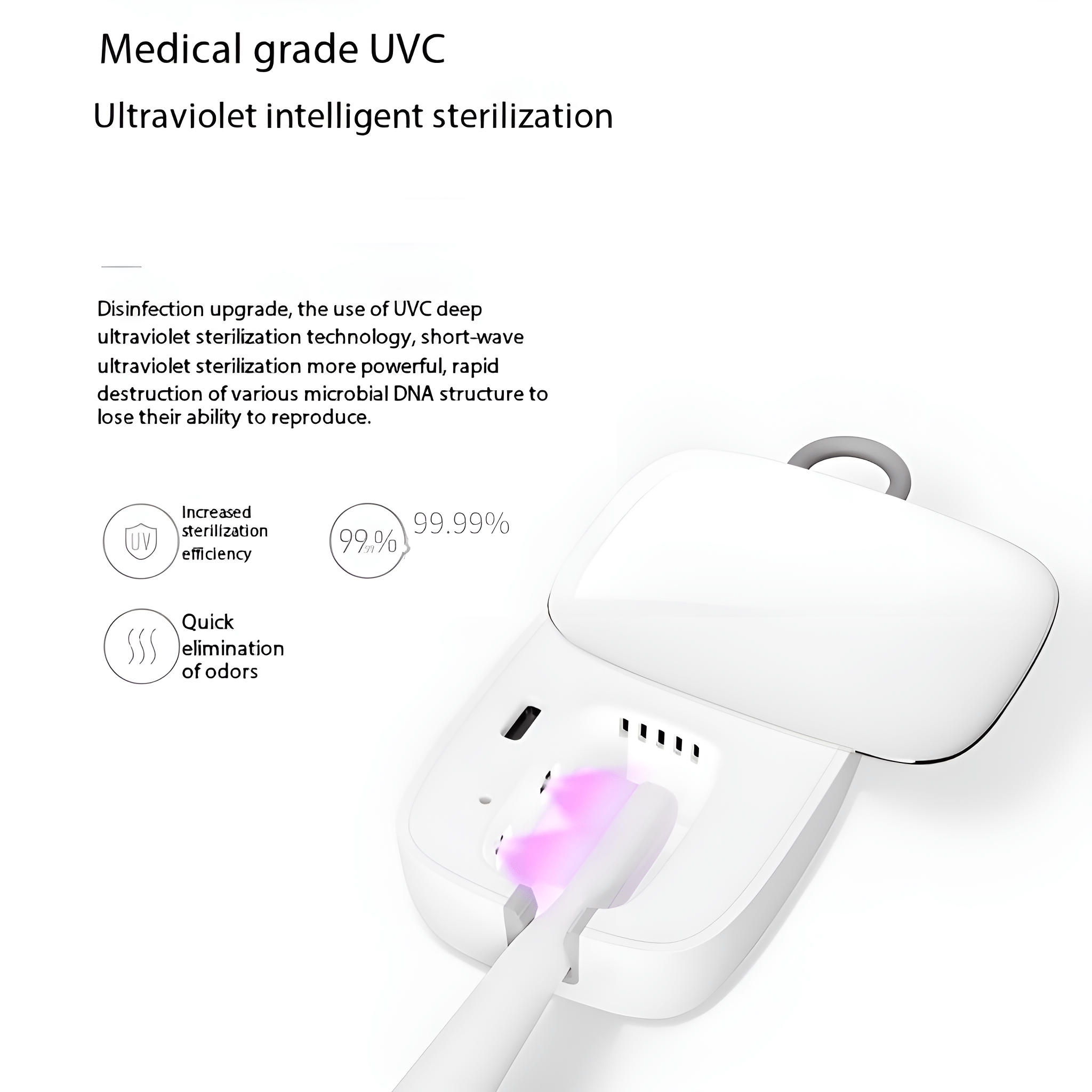 Weißes Gerät mit einer Zahnbürste, mit Sterilisationsprozess. Der Text zeigt 99,99% Sterilisation an.