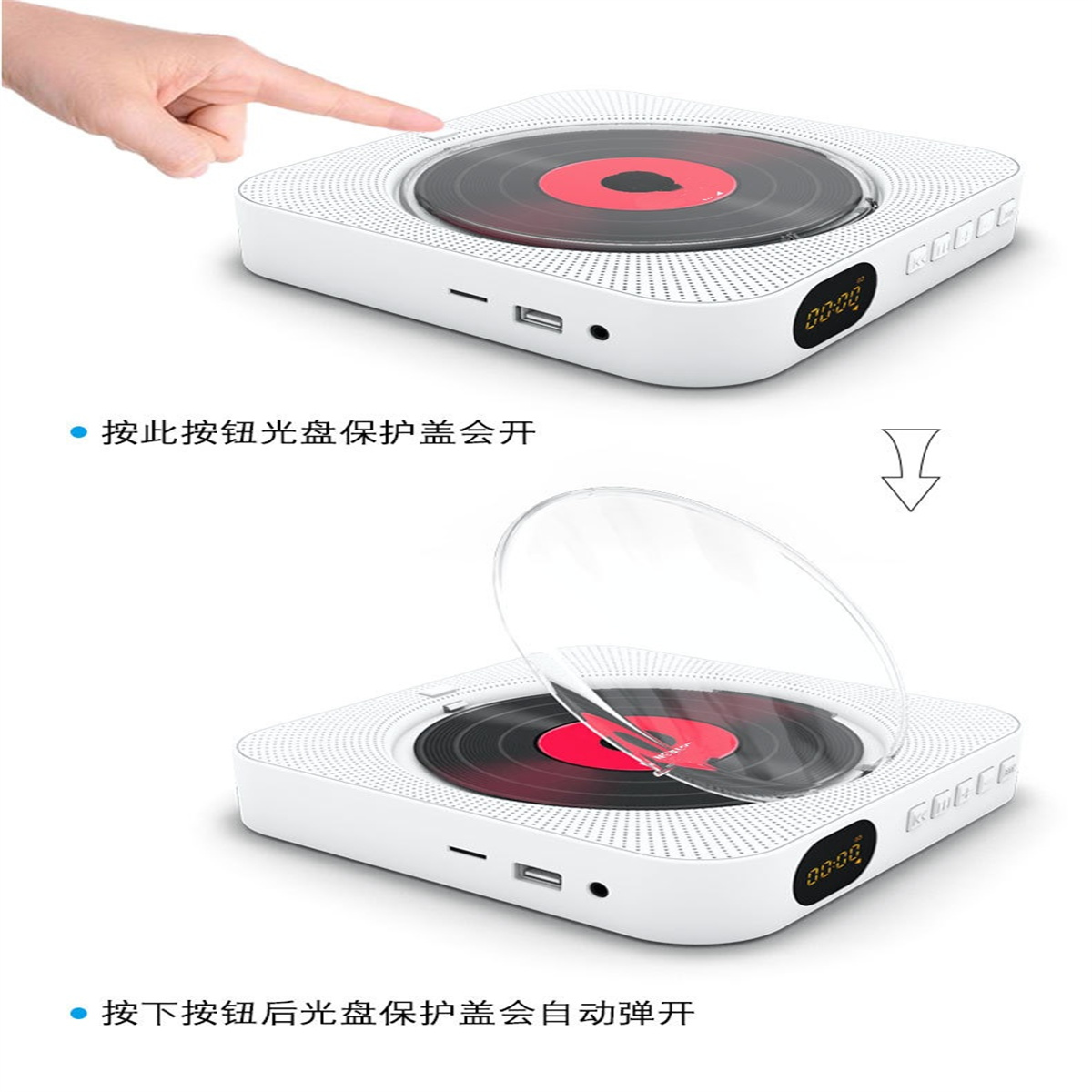 Weißer CD-Player mit schwarzer Vinyl-Disc. Oberteil öffnet sich und gibt die Disc frei. Hand drückt Taste.